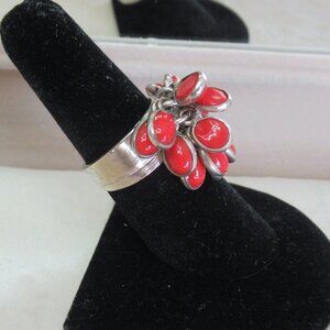 Wide Band Red Coral Gemstone, Silver plated Cluster Ring Size 6.5